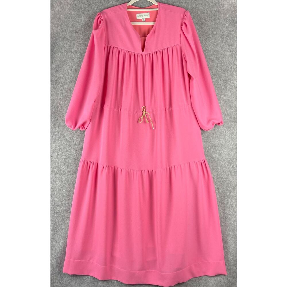 Brooke Wright Tiered Maxi Dress Womens Large XL Pink‎ Cinch Waist Rayon Vibrant